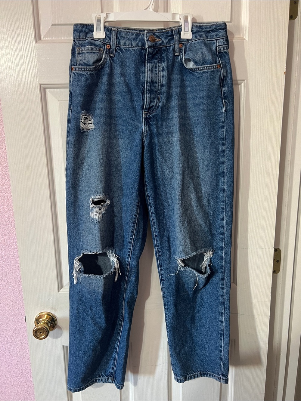 Forever 21 Blue Distressed Baggy Wide-Leg Jeans
